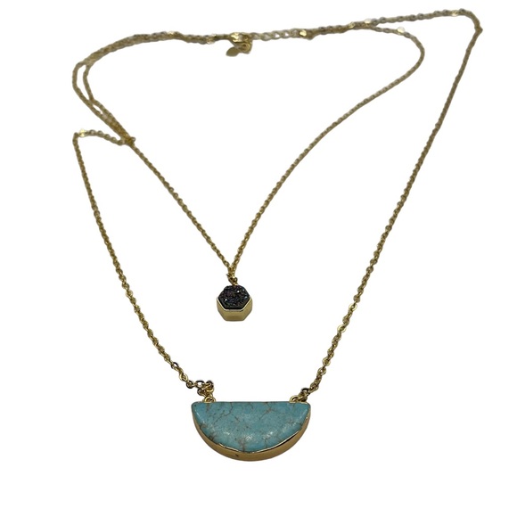 Dainty Delicate Double Strand ￼Turquoise and Drusy Stone Gold Tone BOHO Necklace - Picture 1 of 6